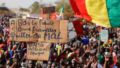 Supporters participate in a demonstration called by Yerewolo Debout sur les remparts, an anti-France political movement, in Bamako